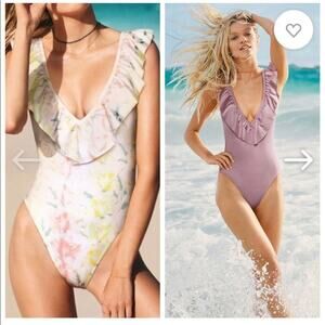 PINK White Shine Floral Ruffle Deep V swimsuit summer vacation beach